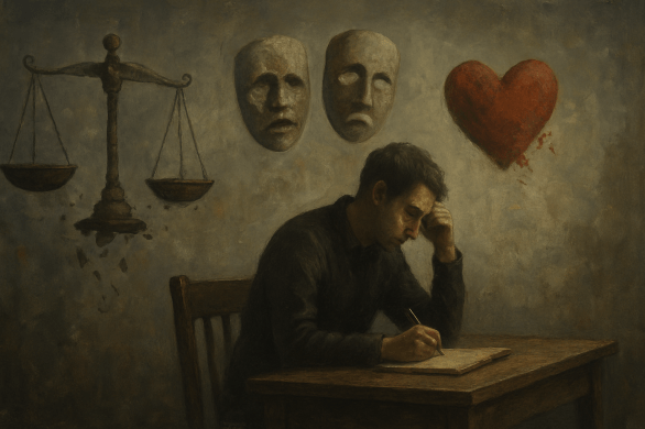 Person writing at a desh, on the wall behind him, scales of justice, drama masks, and a red heart