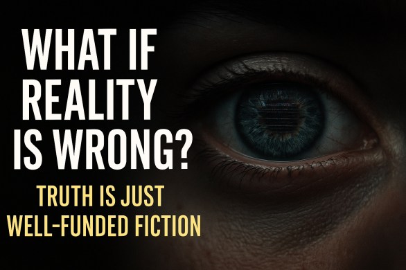 Close-up of a human eye with digital glitch effects and overlaid text reading 'What if reality is wrong?'—a visual metaphor for distorted perception and unreliable truth.