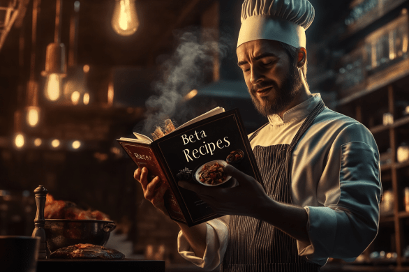 Chef reading a cookbook that reads Beta Recipes